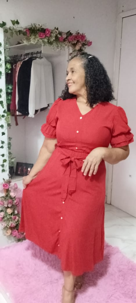 Vestido Midi em Viscolinho com Botões Decorativos - Cor Telha